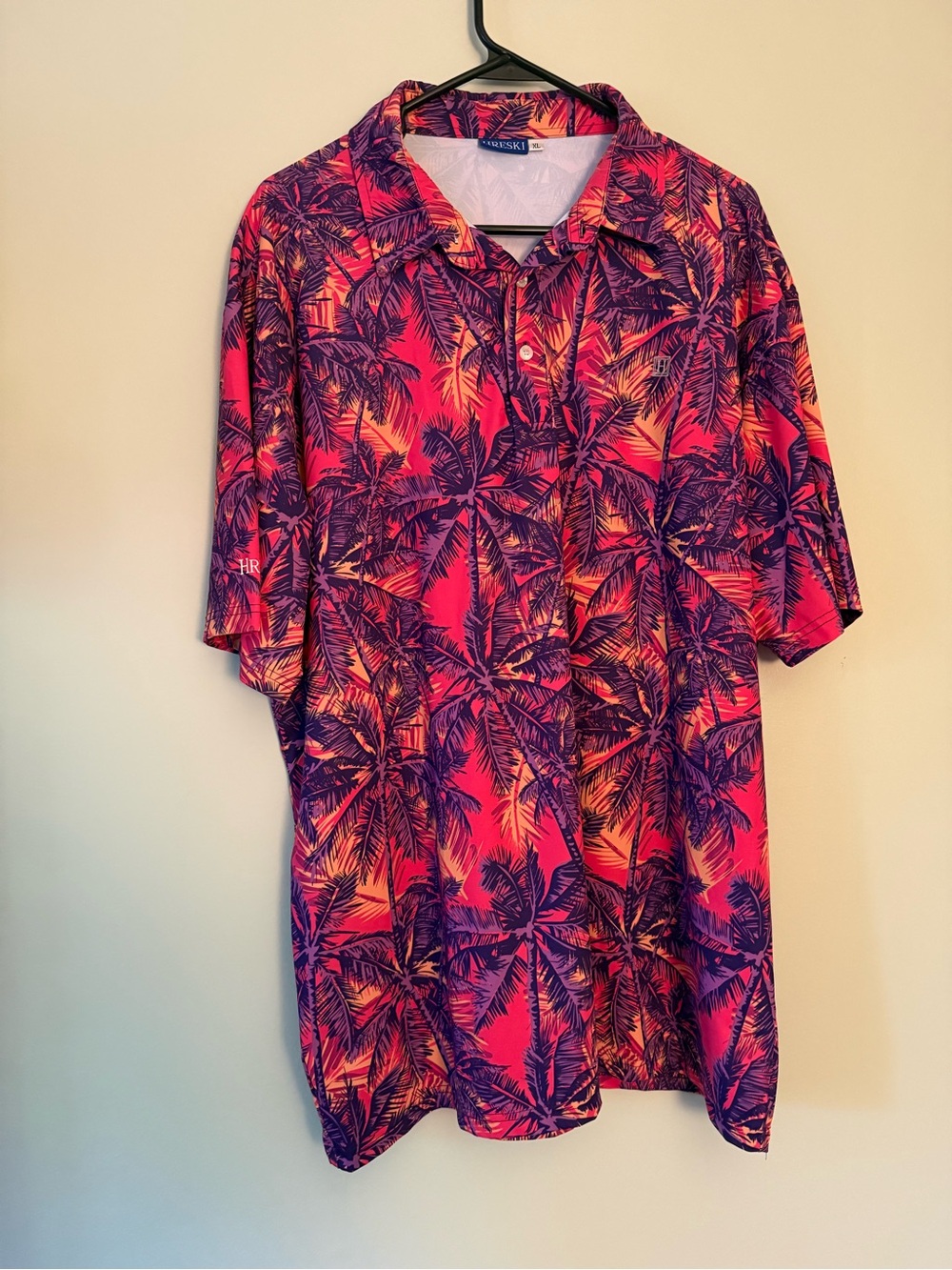 Men's Tropical Palm Print Polo Shirt - Pink & Purple